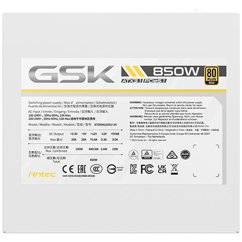 A large main feature product image of EX-DEMO Antec GSK850 V2 850W Gold PCIe 5.1 ATX 3.1 Modular PSU - White