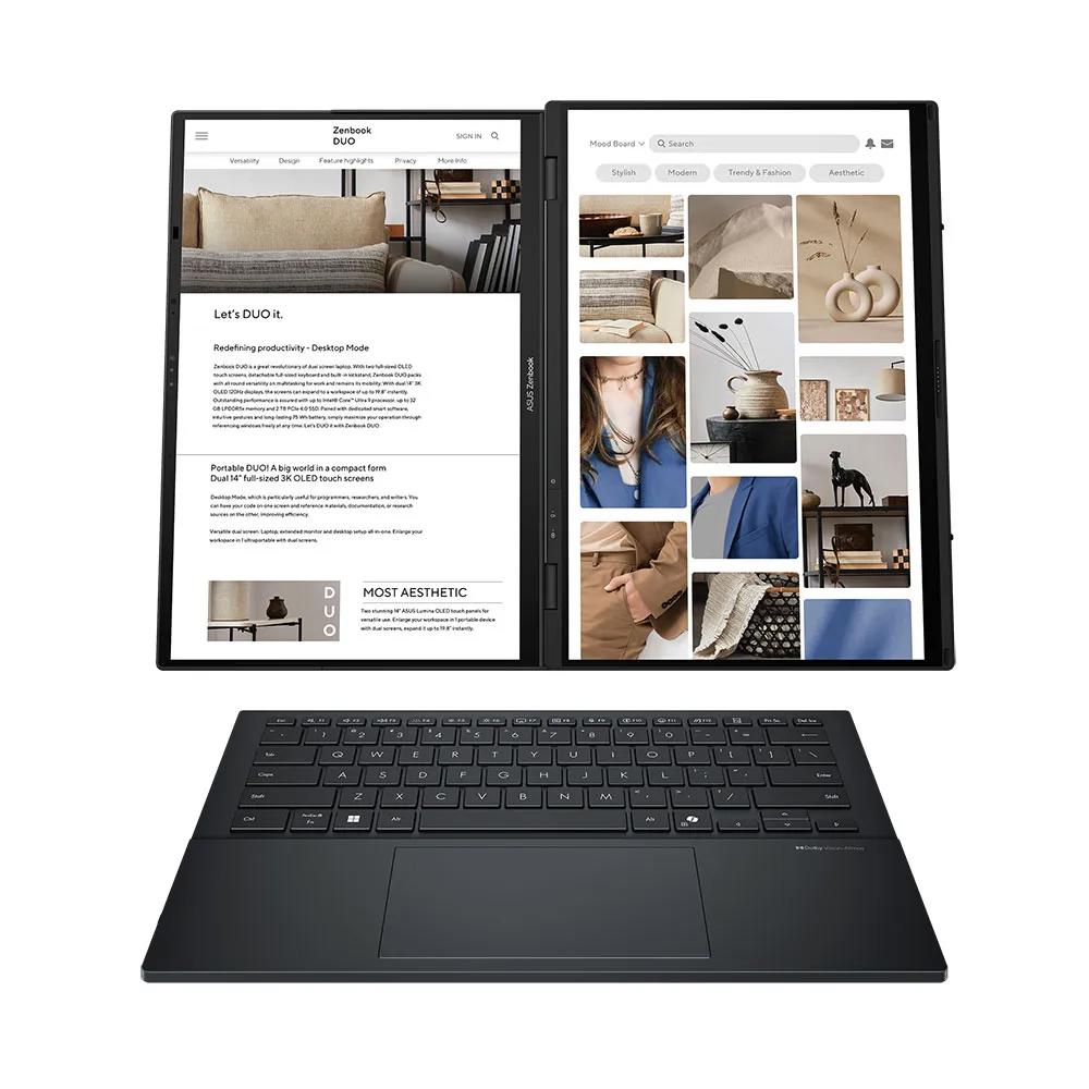 A large main feature product image of ASUS ZenBook Duo OLED (UX8406) - 14" Touch, Ultra 9 285H, 32GB/1TB - Win 11 AI Notebook