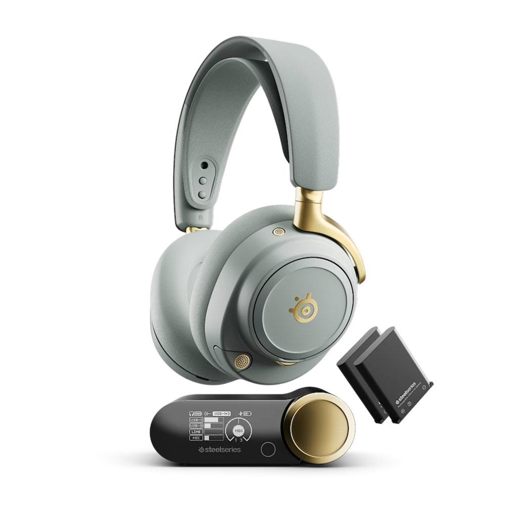 A large main feature product image of SteelSeries Arctis Nova Elite Hi-Res Wireless ANC Gaming Headset - Sage & Gold