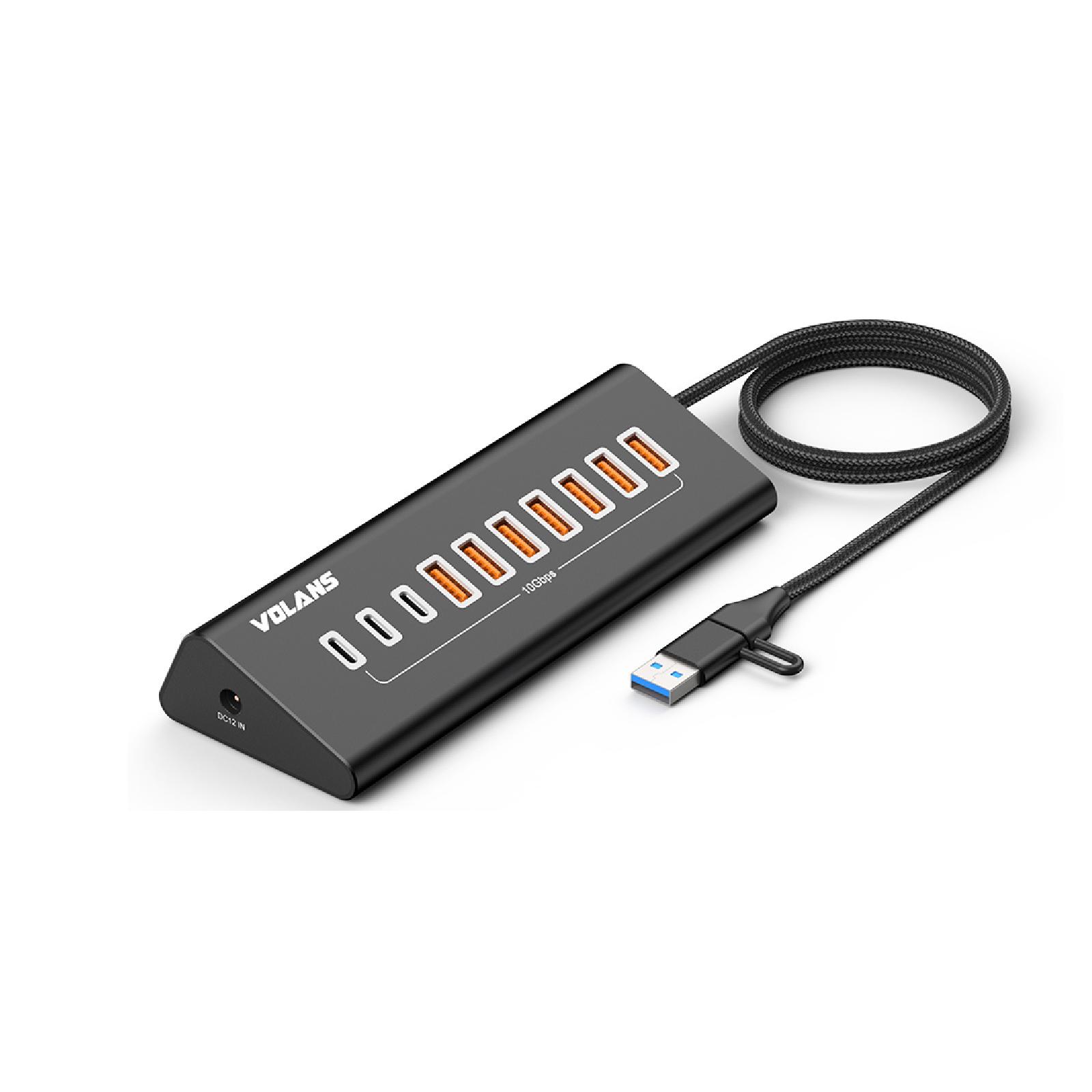 A large main feature product image of Volans Aluminium 10 Ports USB3.2 Gen2 HUB (7x Type-A + 3x Type-C)