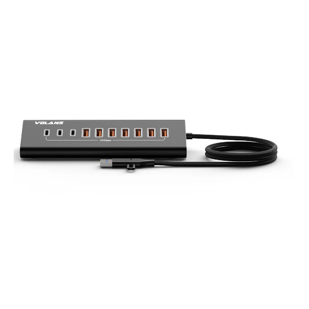 A large main feature product image of Volans Aluminium 10 Ports USB3.2 Gen2 HUB (7x Type-A + 3x Type-C)