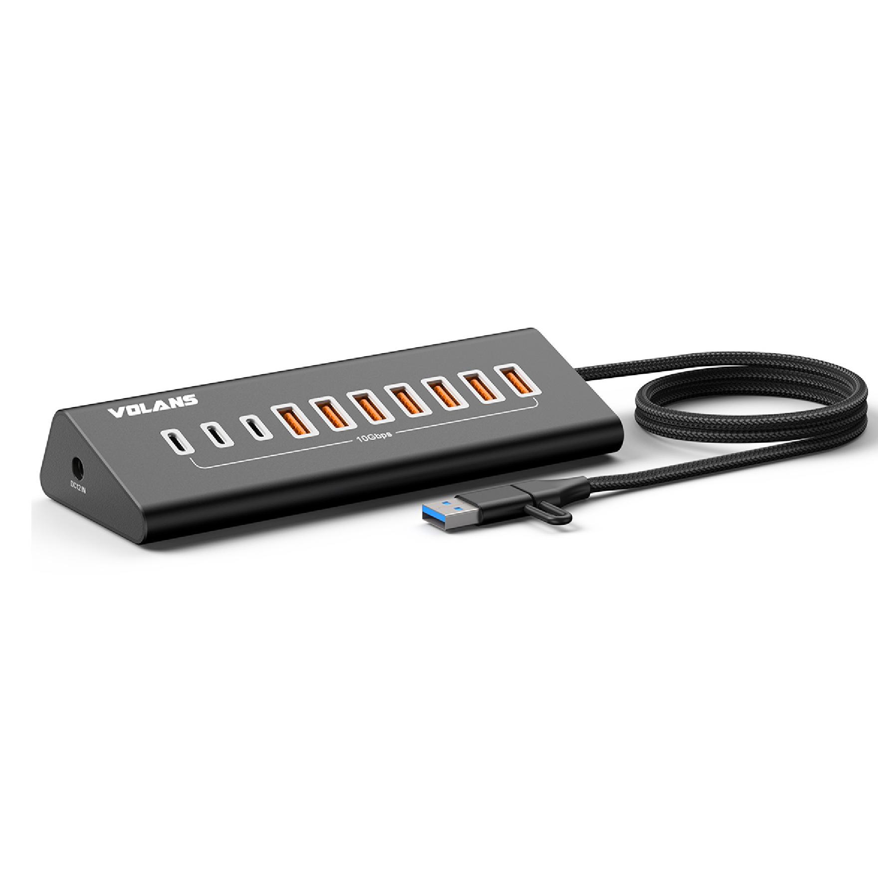 A large main feature product image of Volans Aluminium 10 Ports USB3.2 Gen2 HUB (7x Type-A + 3x Type-C)