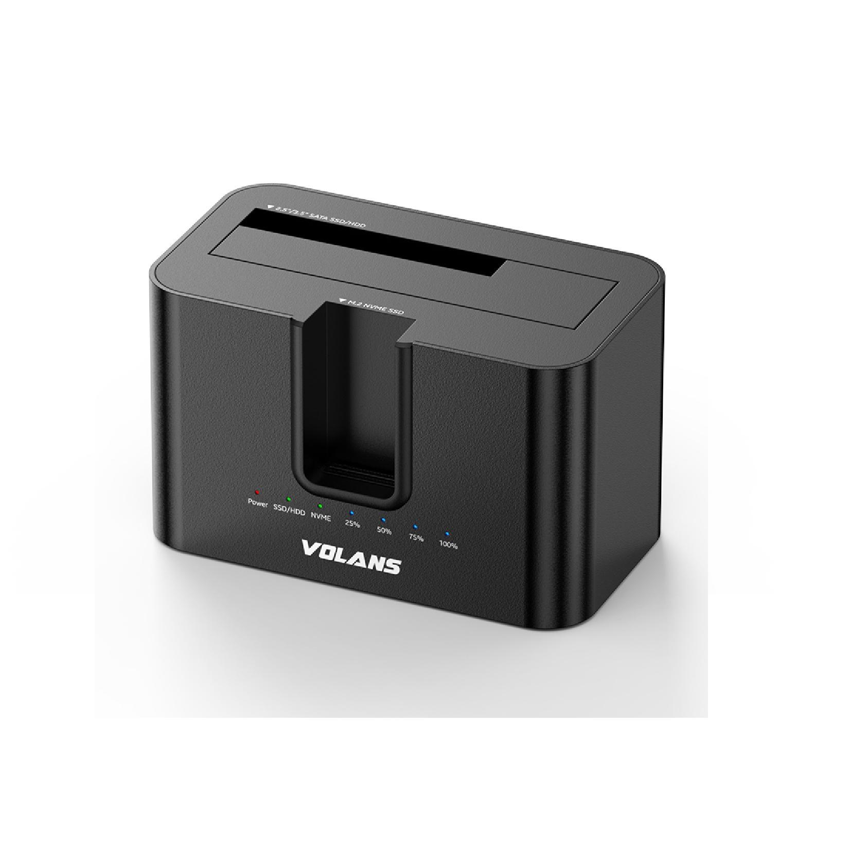 A large main feature product image of Volans Dual Bay USB-C Aluminium Docking Station for 2.5″/3.5″ HDD + M.2 SSD with Clone