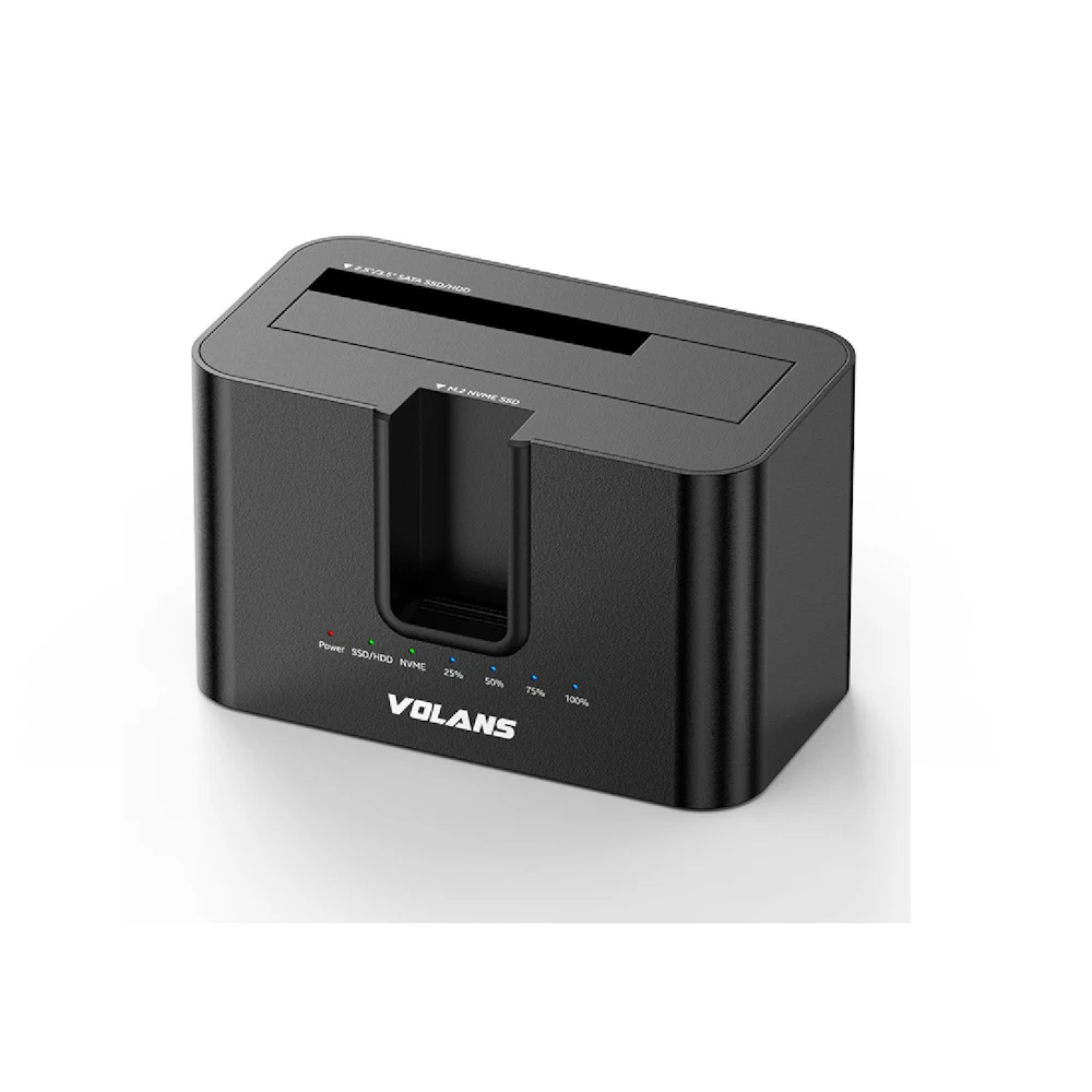 A large main feature product image of Volans Dual Bay USB-C Aluminium Docking Station for 2.5″/3.5″ HDD + M.2 SSD with Clone
