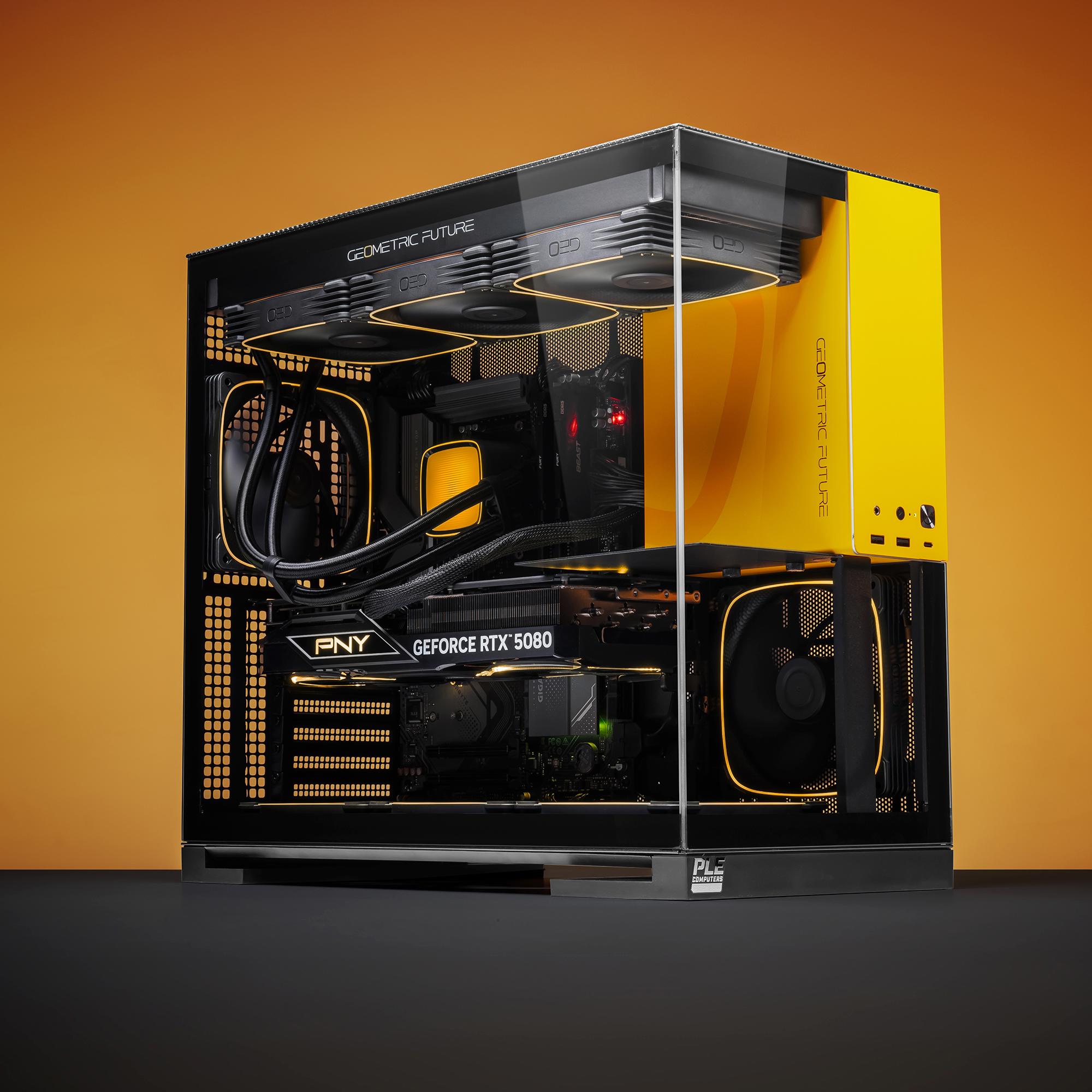 A large main feature product image of PLE Helios RTX 5080 Prebuilt Ready To Go Gaming PC