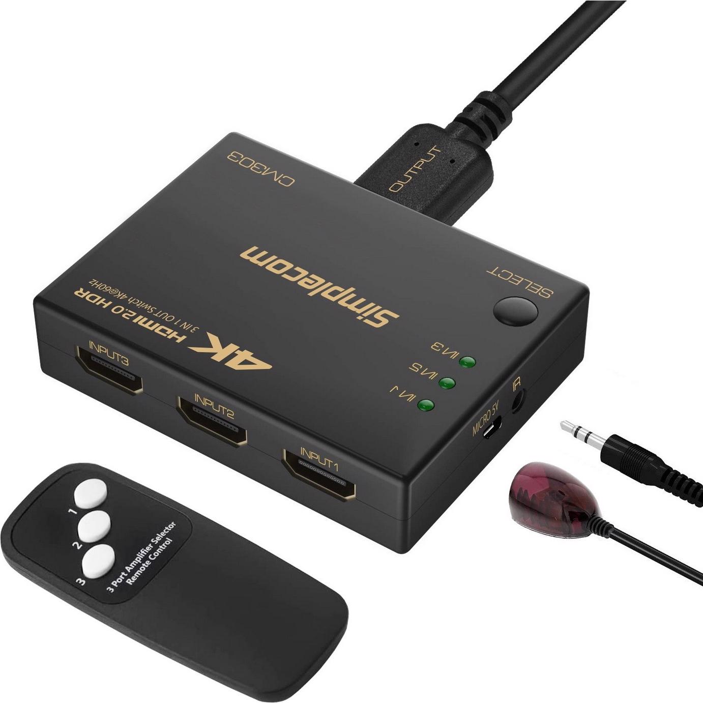 A large main feature product image of EX-DEMO Simplecom CM303 3 Way HDMI 2.0 Switch 3 In 1 Out Splitter HDCP 2.0 4K 60Hz HDR