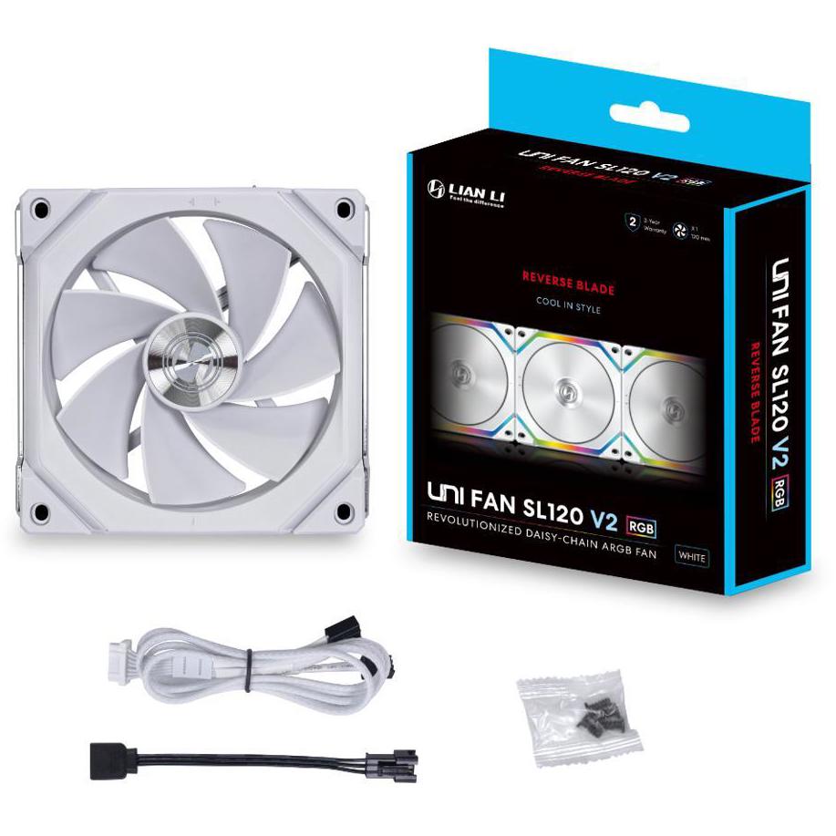 A large main feature product image of EX-DEMO Lian Li UNI FAN SL120 V2 - 120mm Reverse Blade Modular Fan (White)