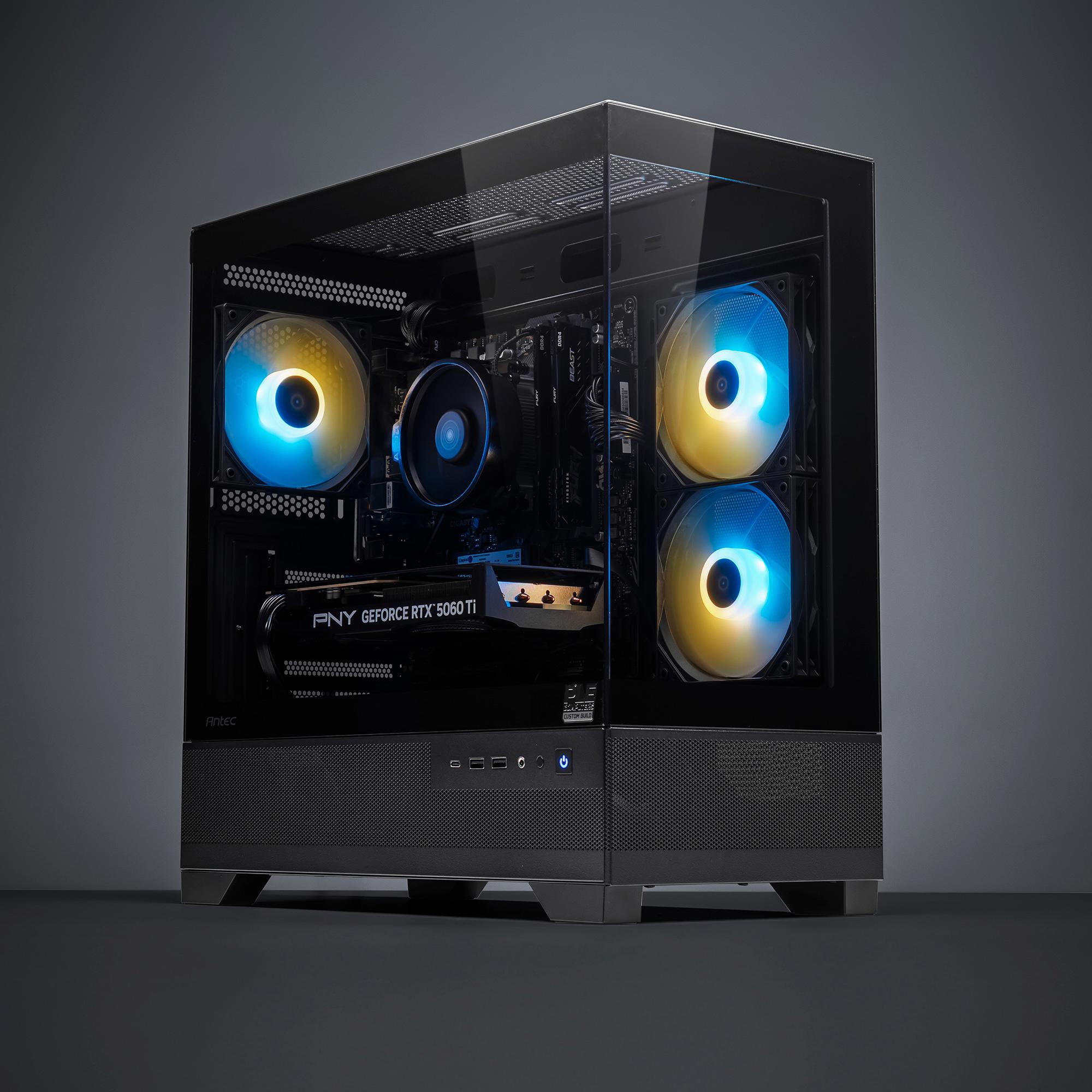 A large main feature product image of PLE Valkyrie RTX 5060 Ti Prebuilt Ready To Go Gaming PC
