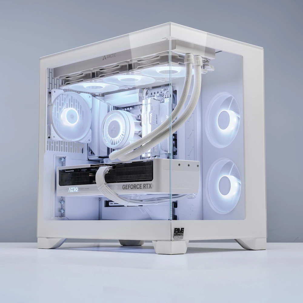 A large main feature product image of PLE Arctic RTX 5070 Ti Prebuilt Ready To Go Gaming PC