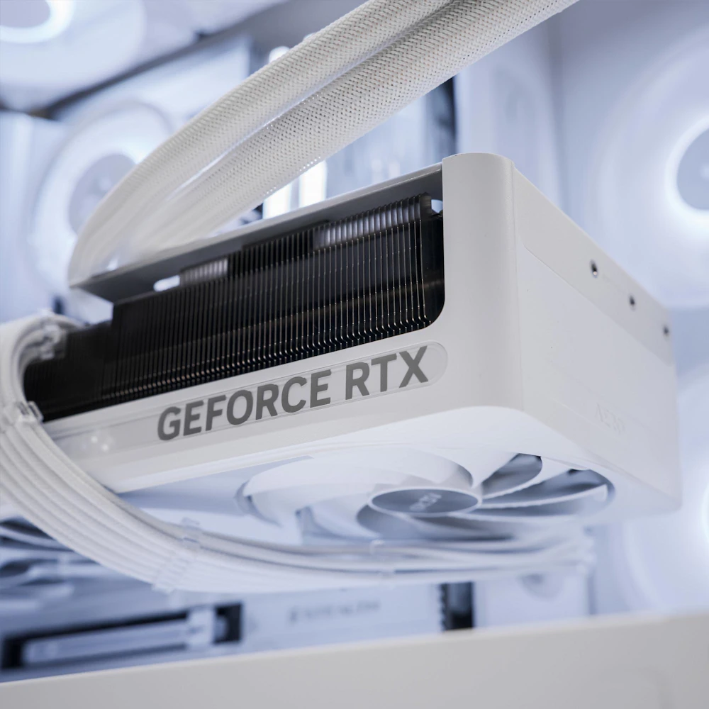 A large main feature product image of PLE Arctic RTX 5070 Ti Prebuilt Ready To Go Gaming PC