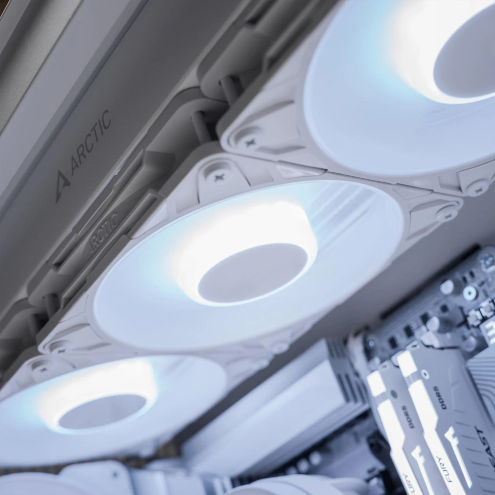 A large main feature product image of PLE Arctic RTX 5070 Ti Prebuilt Ready To Go Gaming PC