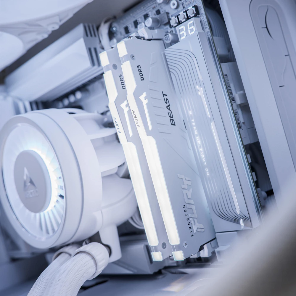 A large main feature product image of PLE Arctic RTX 5070 Ti Prebuilt Ready To Go Gaming PC