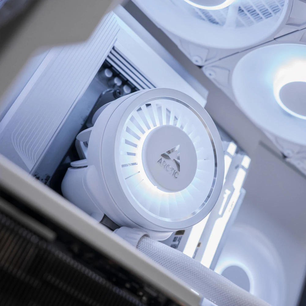A large main feature product image of PLE Arctic RTX 5070 Ti Prebuilt Ready To Go Gaming PC