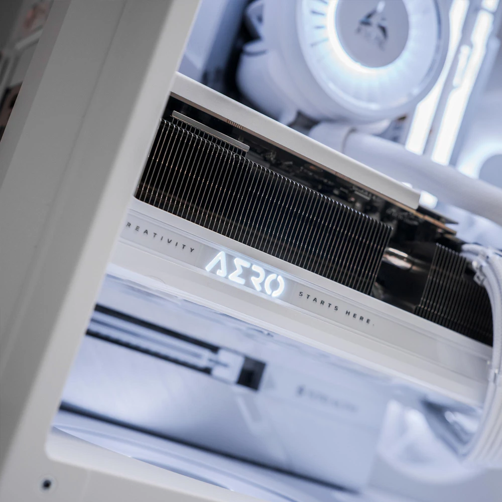 A large main feature product image of PLE Arctic RTX 5070 Ti Prebuilt Ready To Go Gaming PC