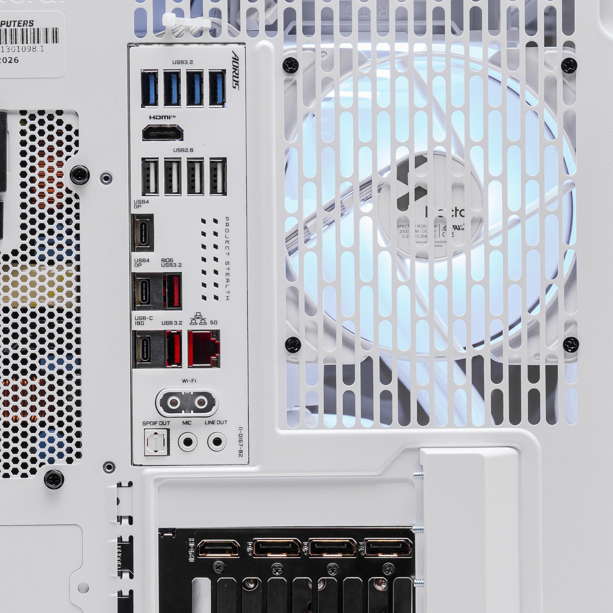 A large main feature product image of PLE Arctic RTX 5070 Ti Prebuilt Ready To Go Gaming PC