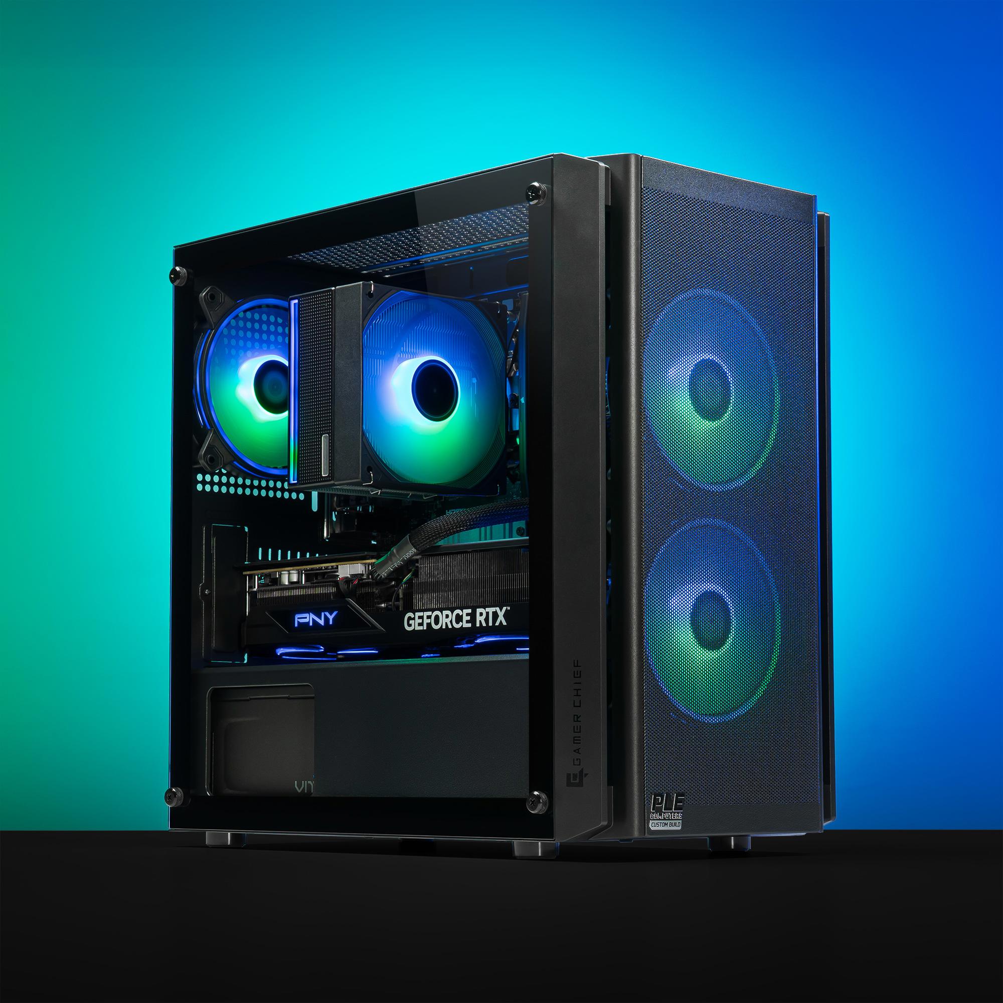 A large main feature product image of PLE Tidal RTX 5070Ti Prebuilt Ready To Go Gaming PC