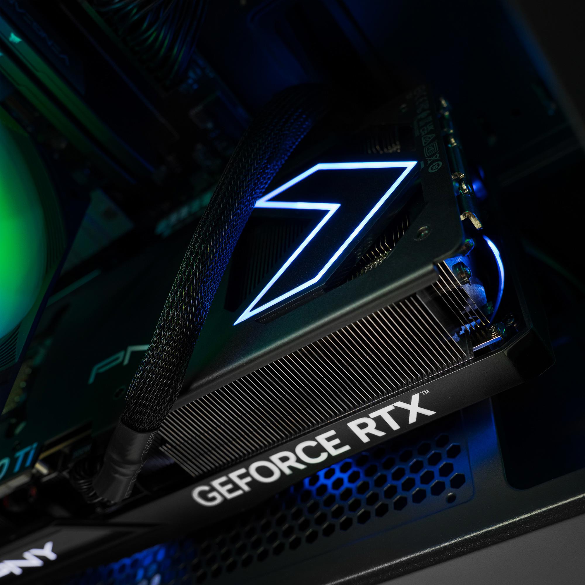 A large main feature product image of PLE Tidal RTX 5070Ti Prebuilt Ready To Go Gaming PC