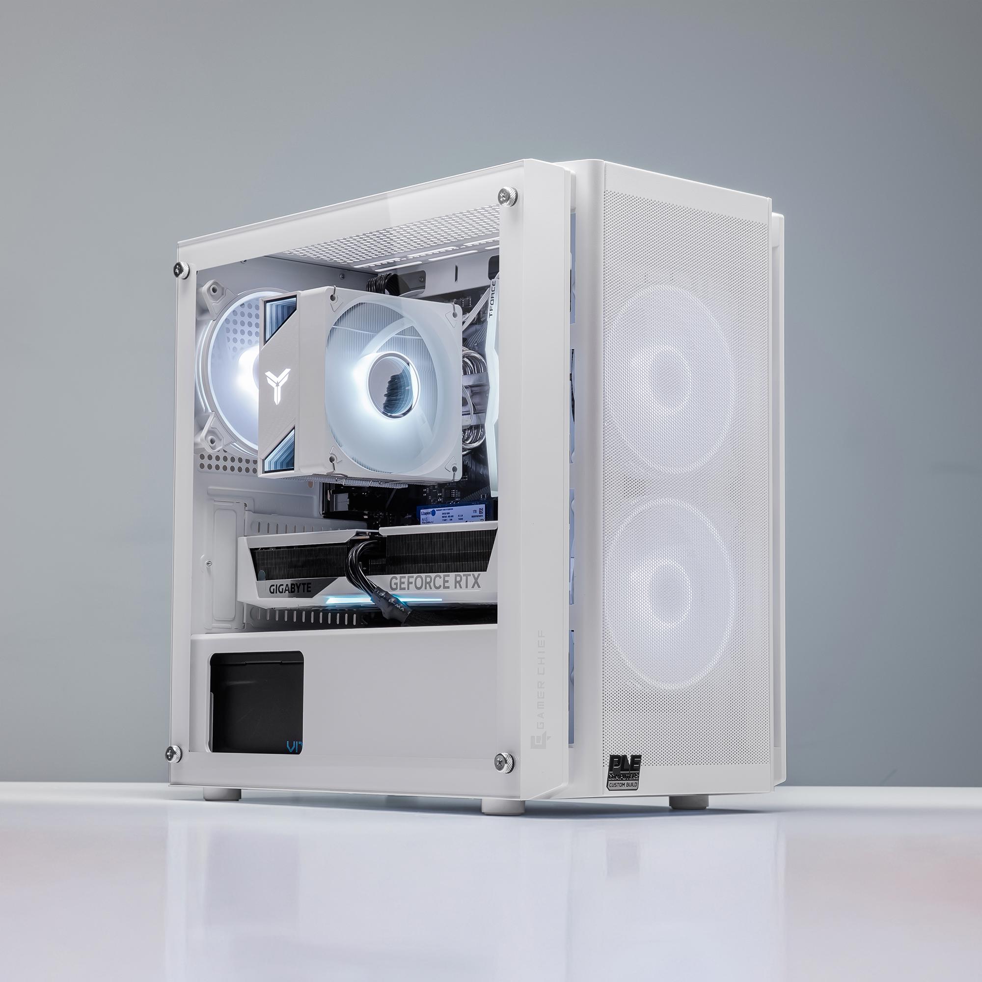 A large main feature product image of PLE Arctic RTX 5070 Prebuilt Ready To Go Gaming PC