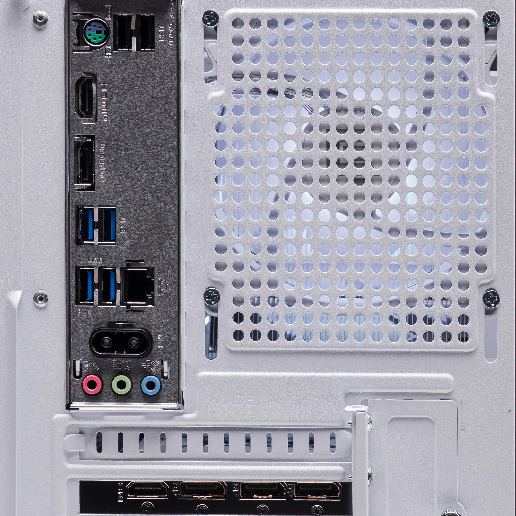 A large main feature product image of PLE Arctic RTX 5070 Prebuilt Ready To Go Gaming PC