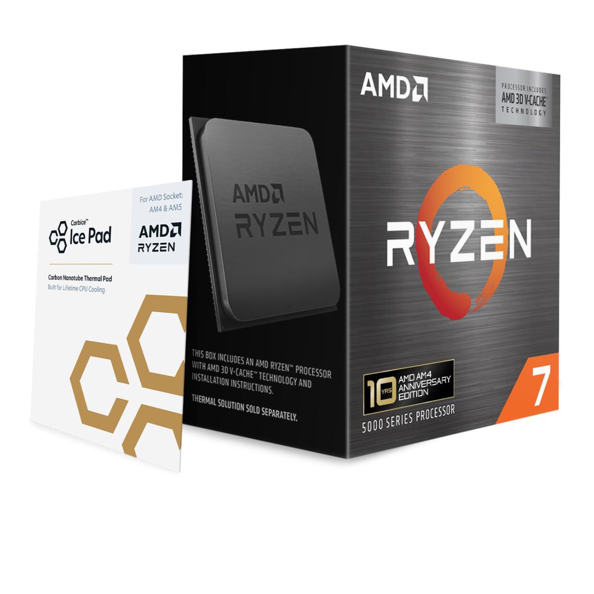 A large main feature product image of AMD Ryzen 7 5800X3D 8 Core 16 Thread Up to 4.5GHz AM4 - No HSF Retail Box - 10th Anniversary Edition