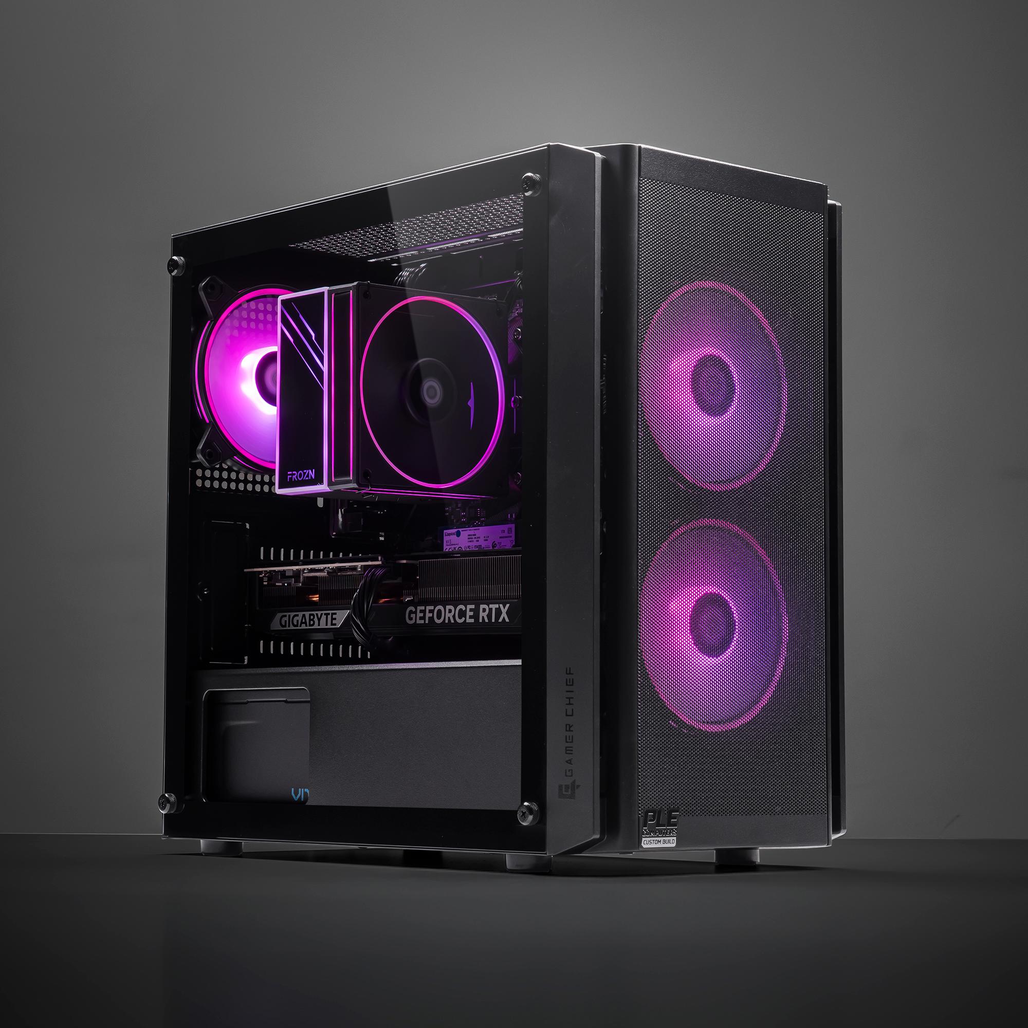 A large main feature product image of PLE Raven RTX 5070 Prebuilt Ready To Go Gaming PC
