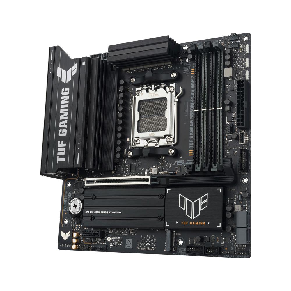 A large main feature product image of ASUS TUF Gaming B850M-Plus WiFi7 AM5 mATX Desktop Motherboard