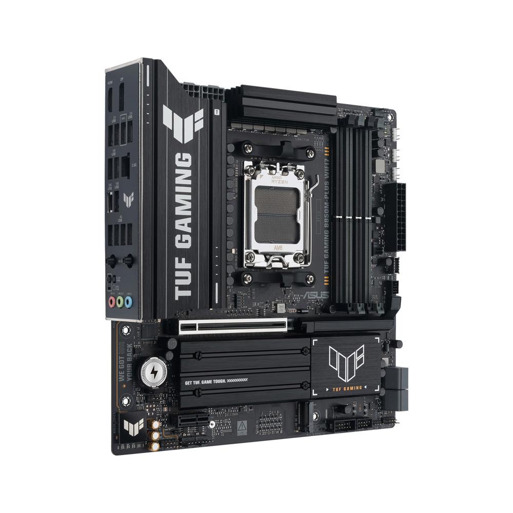 A large main feature product image of ASUS TUF Gaming B850M-Plus WiFi7 AM5 mATX Desktop Motherboard