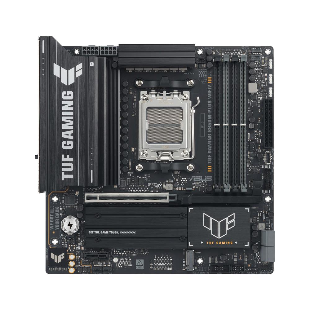 A large main feature product image of ASUS TUF Gaming B850M-Plus WiFi7 AM5 mATX Desktop Motherboard