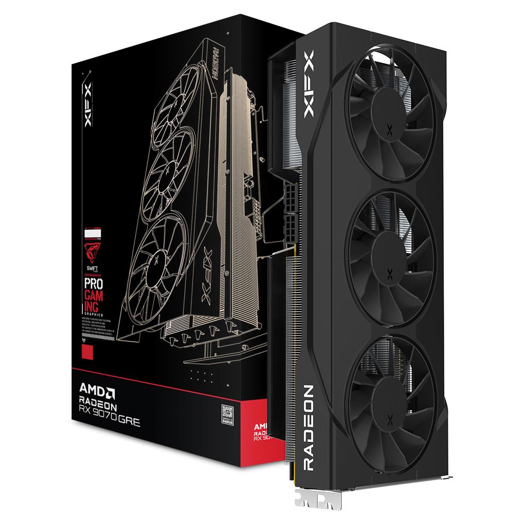 A large main feature product image of XFX Swift RX 9070 GRE 12GB GDDR6