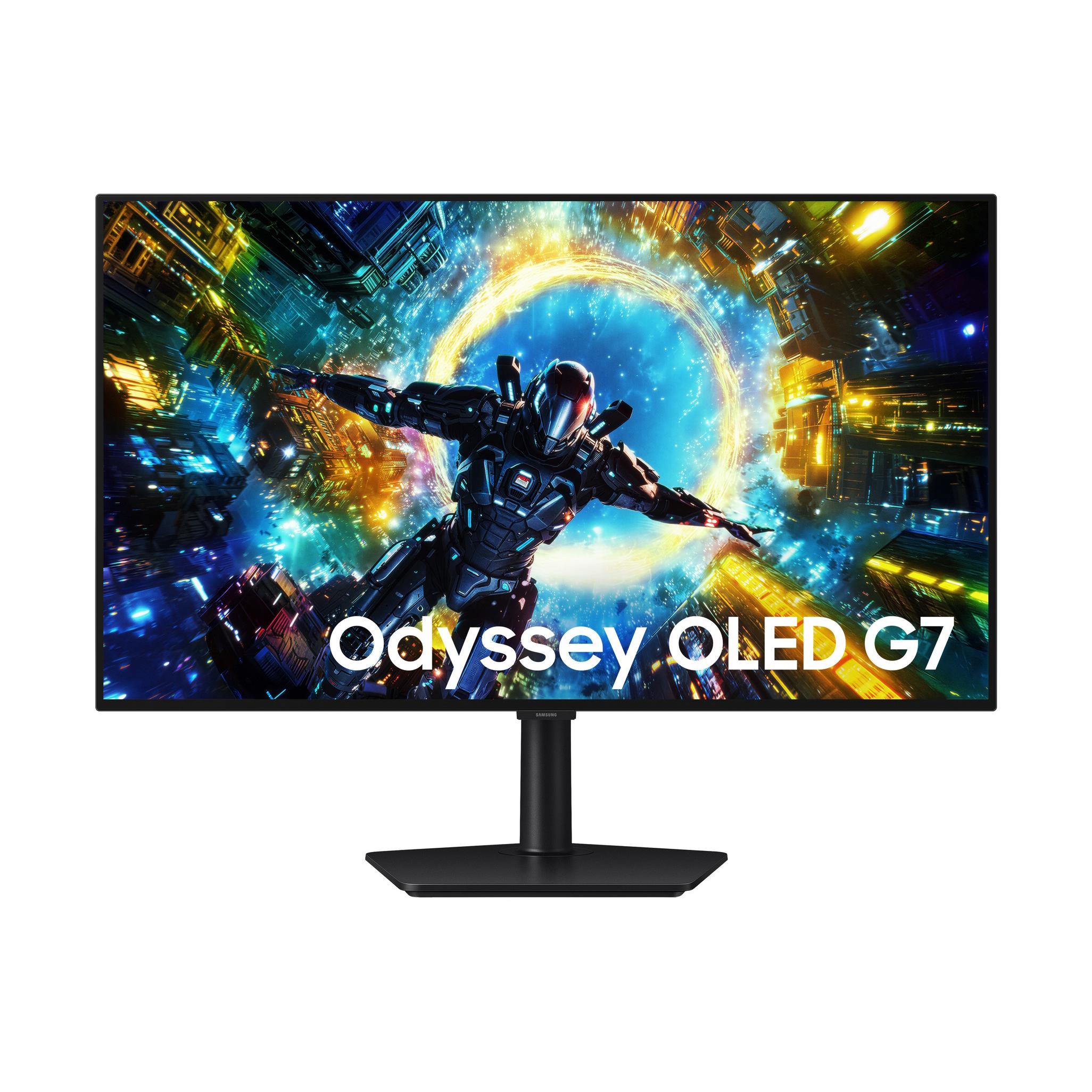 A large main feature product image of Samsung Odyssey OLED G7 - 32" 4K 165Hz / 1080p 330Hz Dual Mode 0.03ms Gaming Monitor