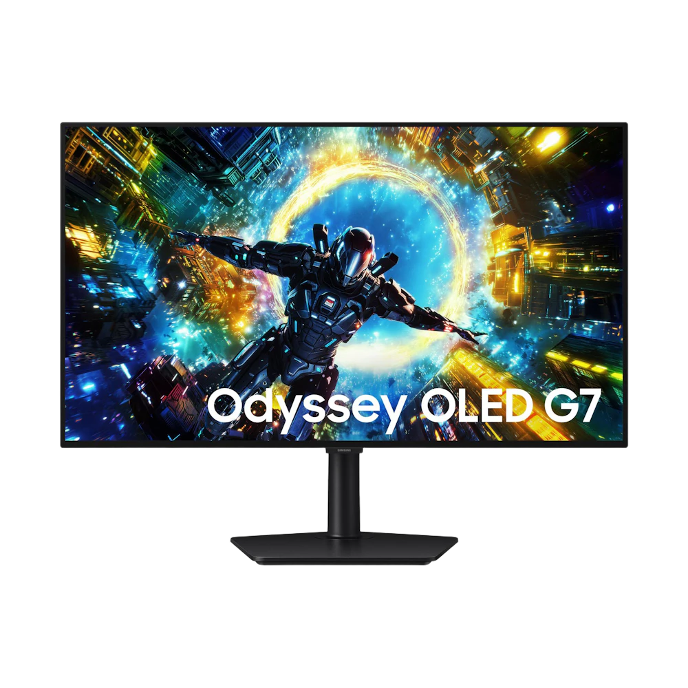 A large main feature product image of Samsung Odyssey OLED G7 - 32" 4K 165Hz / 1080p 330Hz Dual Mode 0.03ms Gaming Monitor