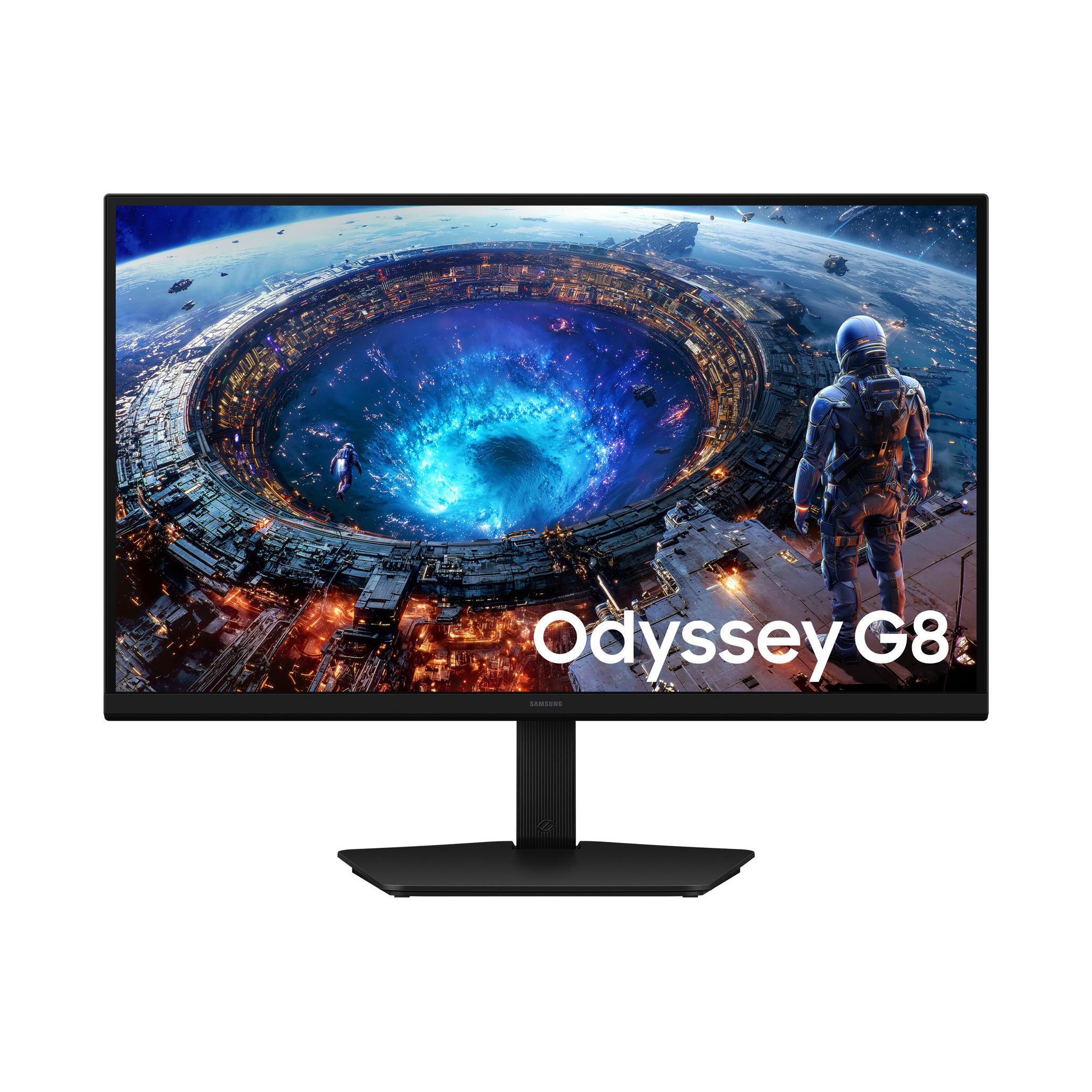 A large main feature product image of Samsung Odyssey G8 - 27" 5K 180Hz / 1440p 360Hz Dual Mode Fast IPS Gaming Monitor