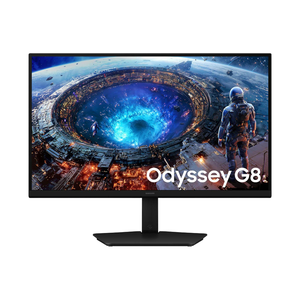 A large main feature product image of Samsung Odyssey G8 - 27" 5K 180Hz / 1440p 360Hz Dual Mode Fast IPS Gaming Monitor