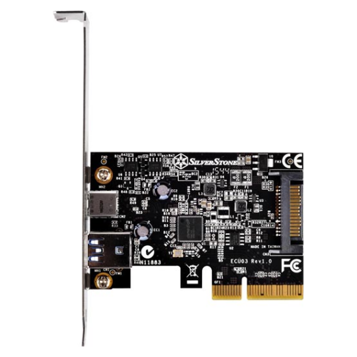 A large main feature product image of EX-DEMO SilverStone ECU03 USB3.1 PCIe Controller Card with 1x USB Type-A and 1x USB Type-C Port