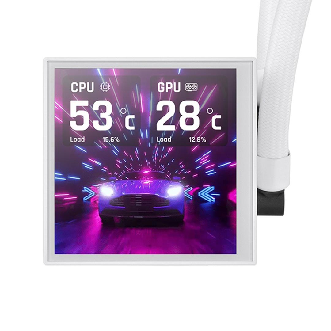 A large main feature product image of Thermaltake LB360 Ultra - ARGB Customizable 3.95" LCD Display 360mm AIO Liquid CPU Cooler (White)