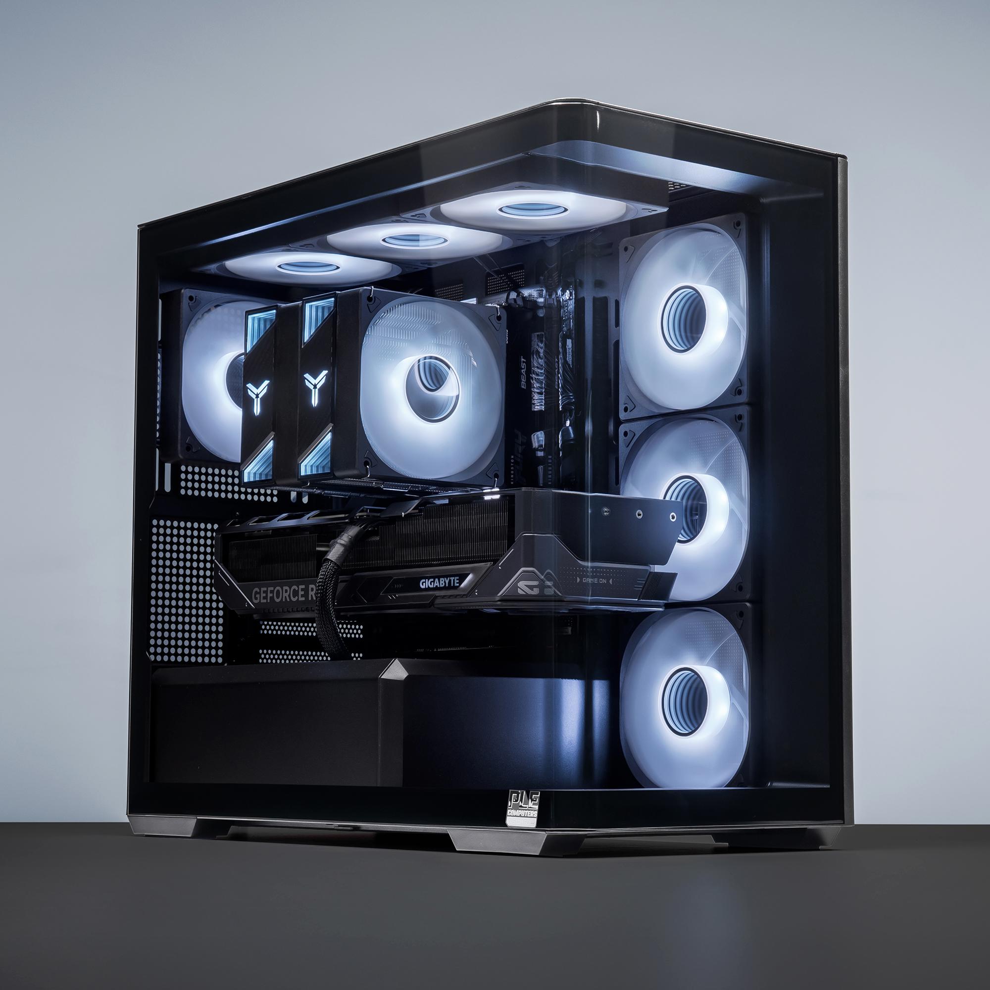 A large main feature product image of PLE Luna RTX 5080 Prebuilt Ready To Go Gaming PC