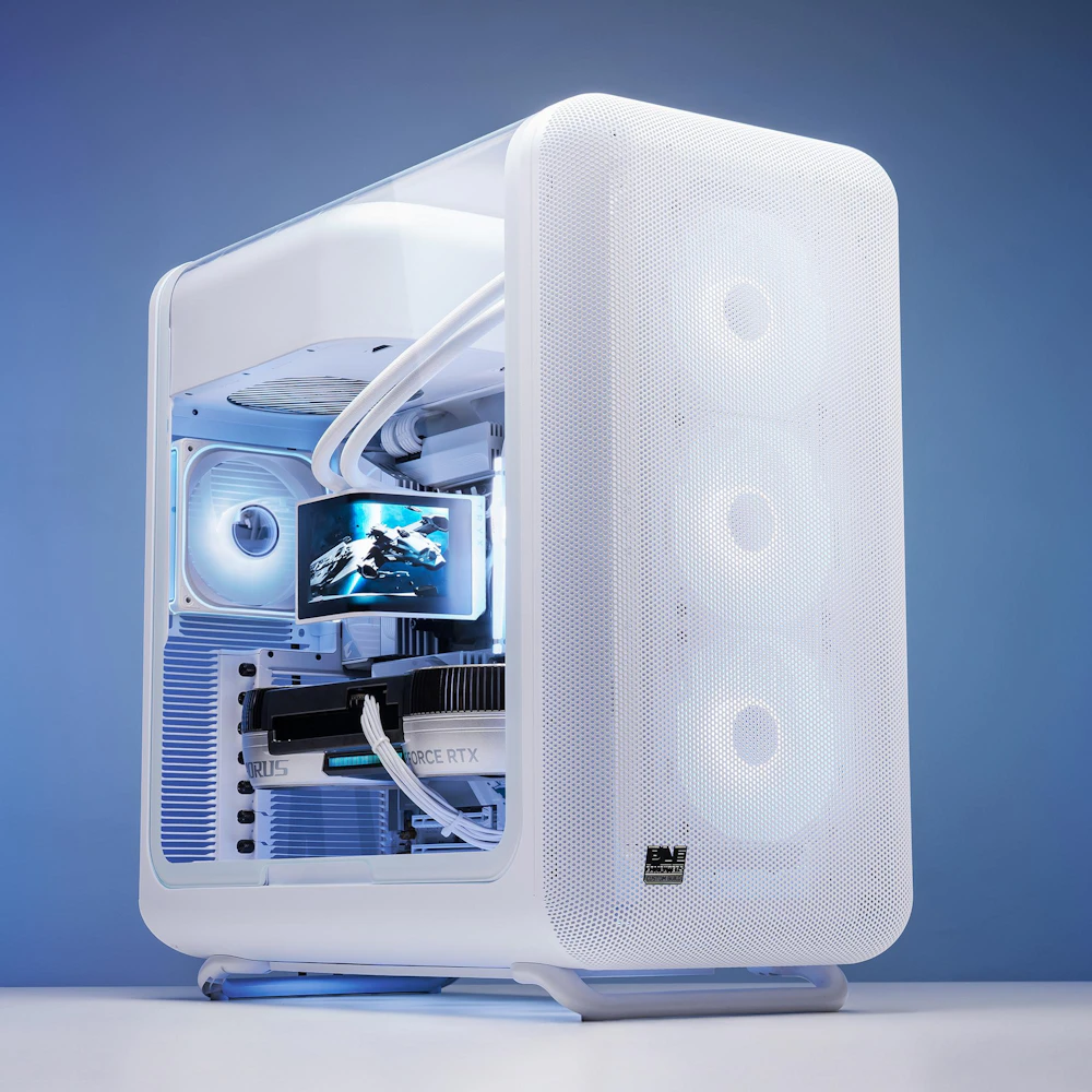 A large main feature product image of PLE Apollo RTX 5090 Prebuilt Ready To Go Gaming PC
