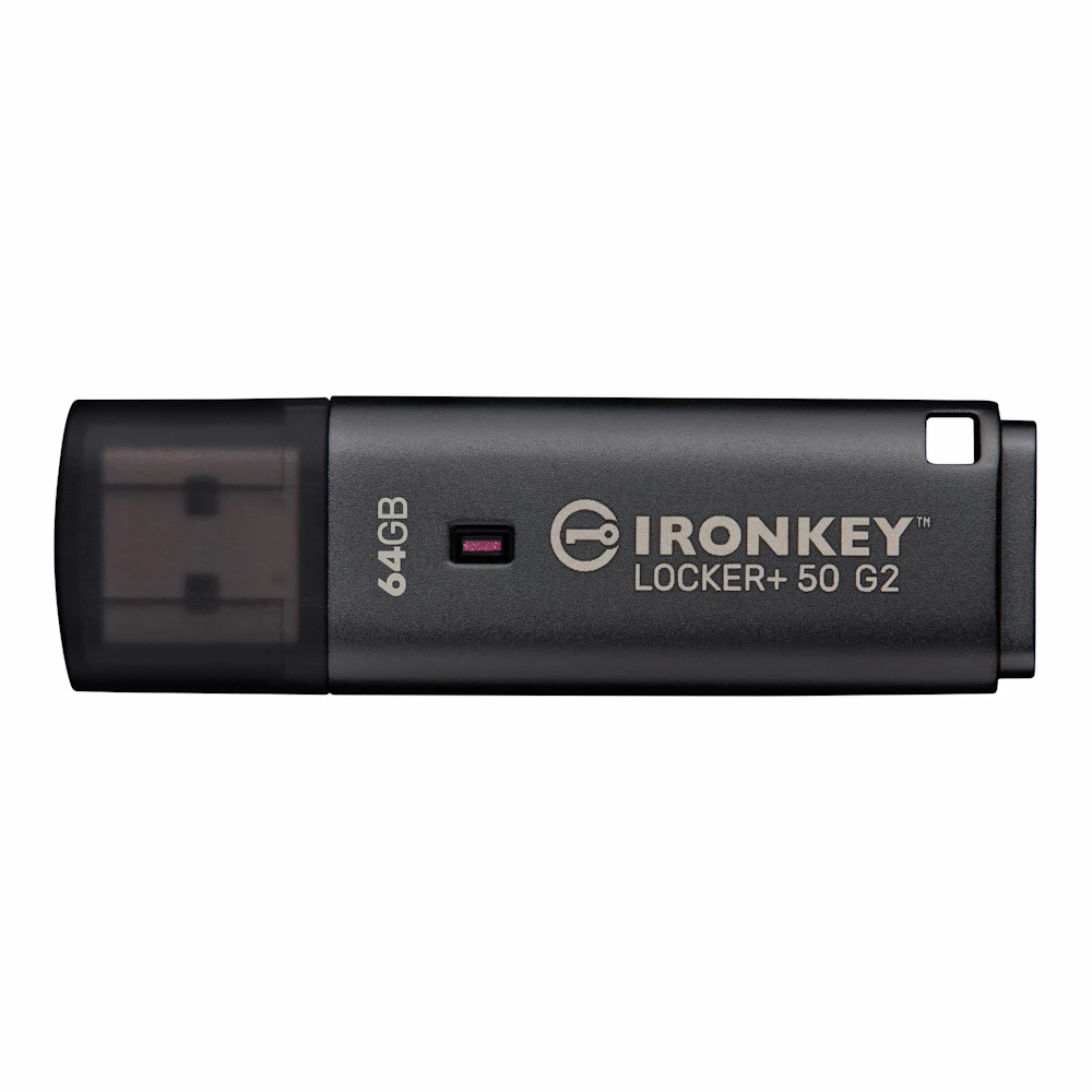 A large main feature product image of Kingston IronKey Locker+ 50 Gen2 64GB USB 3.2 Gen 1 Type A Flash Drive
