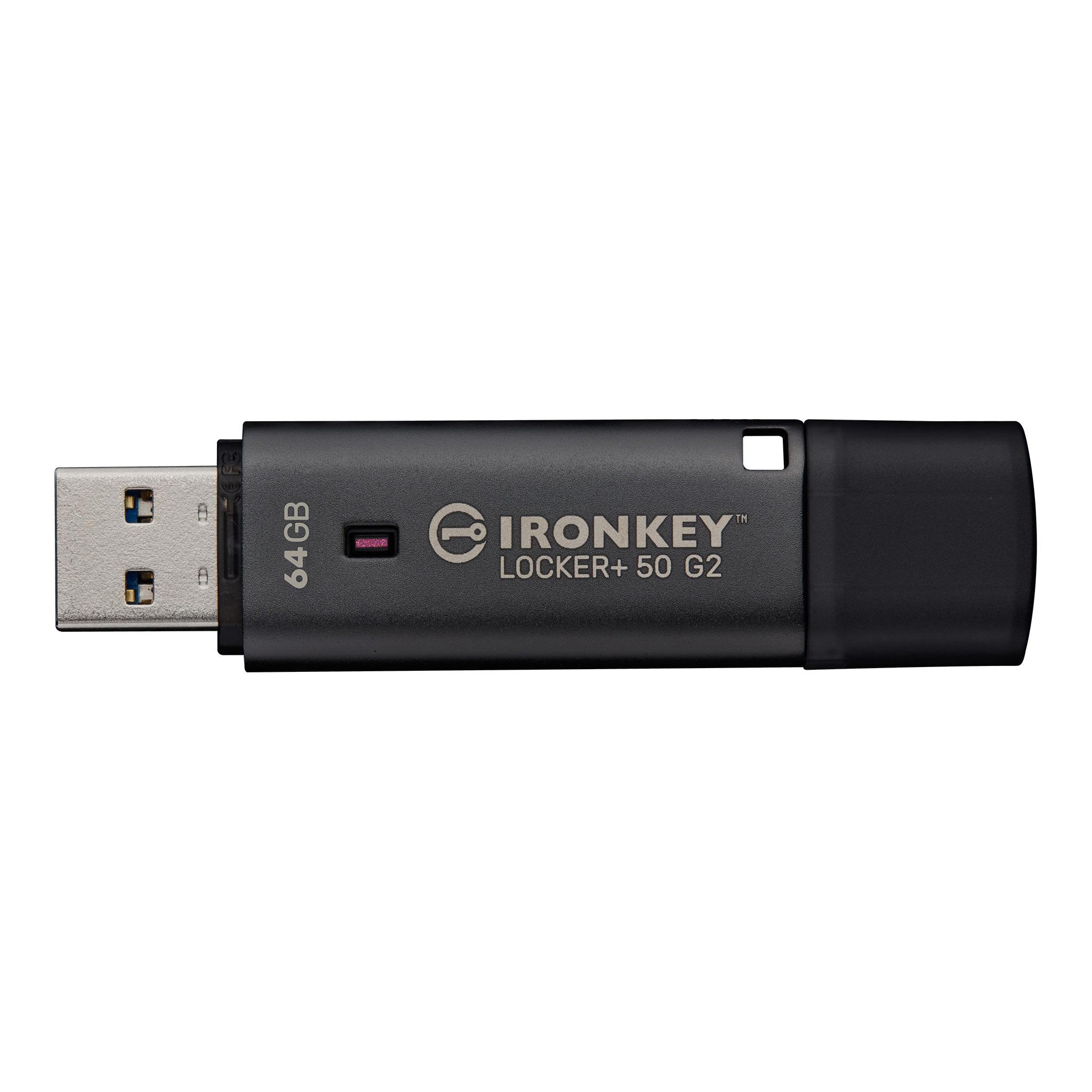 A large main feature product image of Kingston IronKey Locker+ 50  Gen2 64GB USB 3.2  Gen 1 Type A Flash Drive