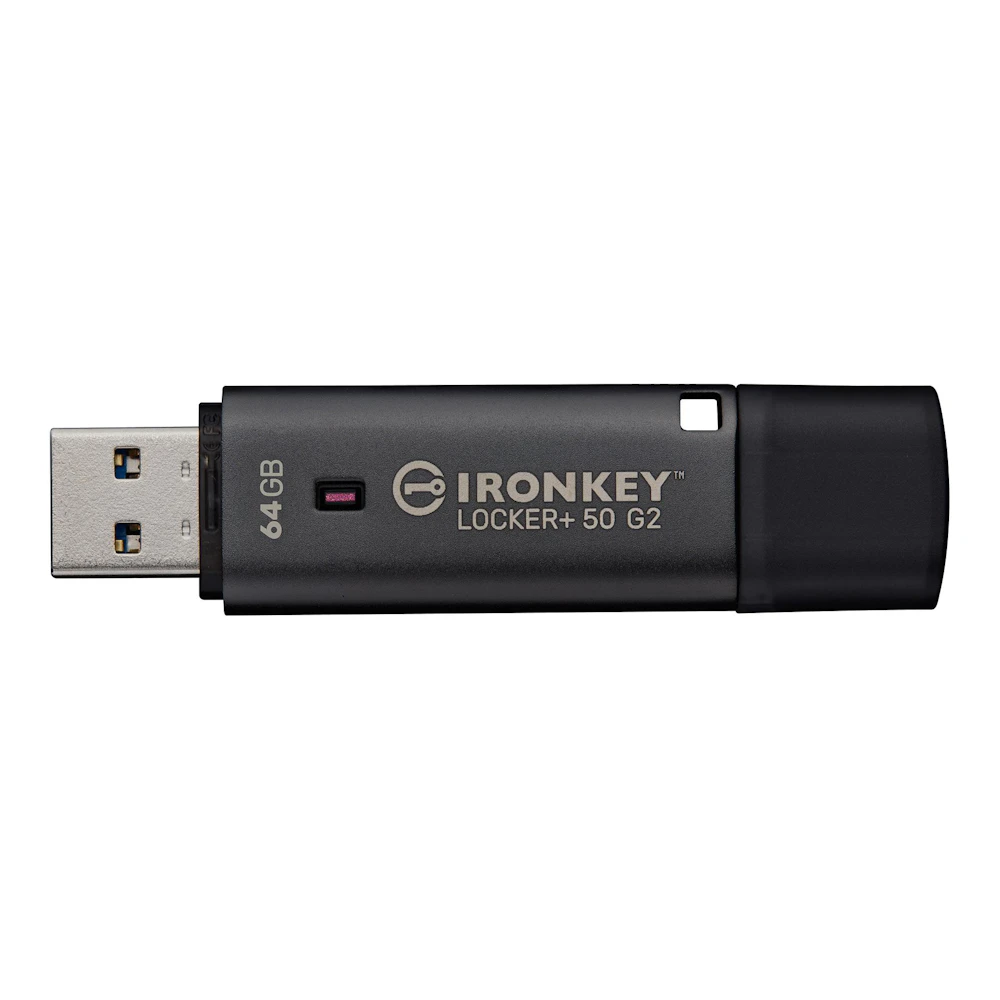 A large main feature product image of Kingston IronKey Locker+ 50 Gen2 64GB USB 3.2 Gen 1 Type A Flash Drive