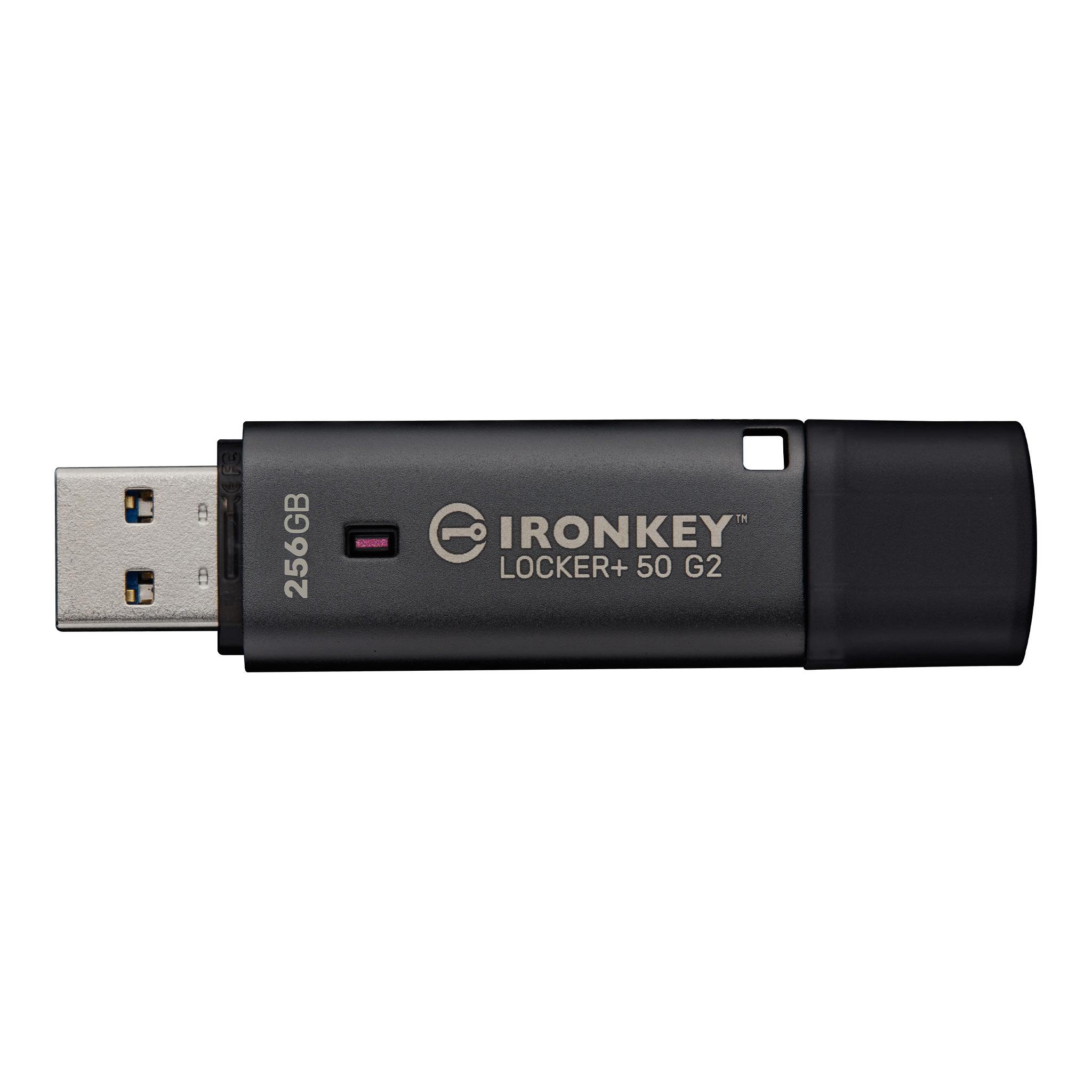 A large main feature product image of Kingston IronKey Locker+ 50  Gen2 256GB USB 3.2  Gen 1 Type A Flash Drive