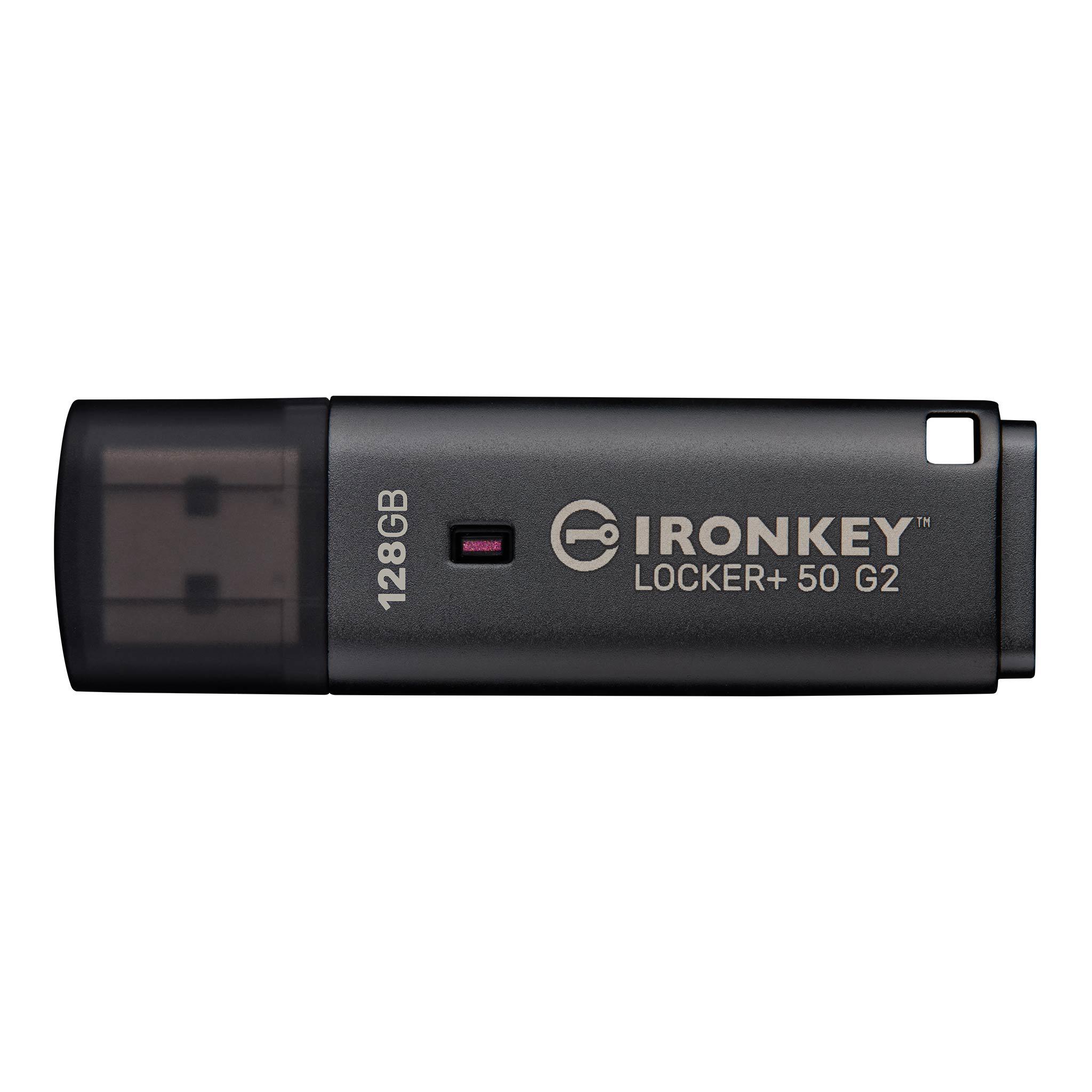 A large main feature product image of Kingston IronKey Locker+ 50  Gen2 128GB USB 3.2  Gen 1 Type A Flash Drive