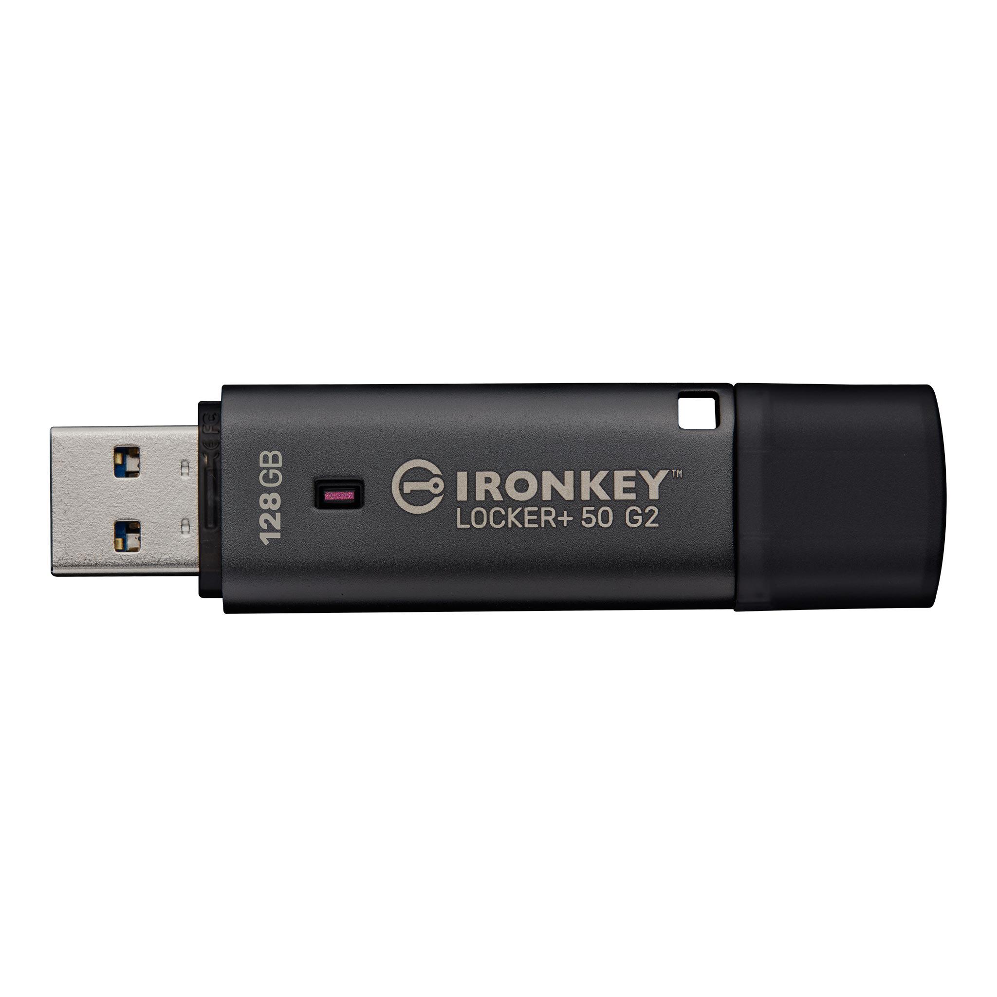 A large main feature product image of Kingston IronKey Locker+ 50  Gen2 128GB USB 3.2  Gen 1 Type A Flash Drive