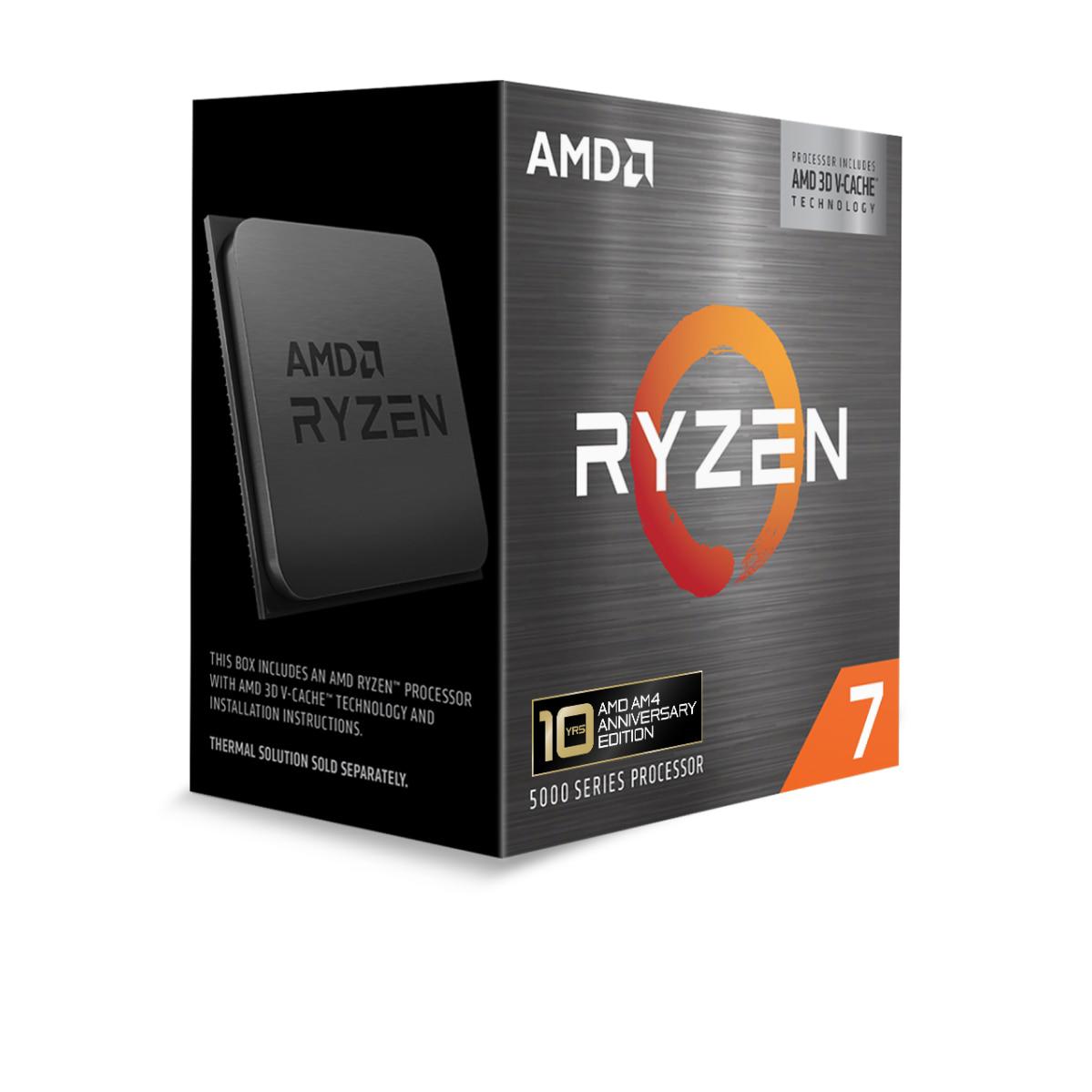 A large main feature product image of AMD Ryzen 7 5800X3D 8 Core 16 Thread Up to 4.5GHz AM4 - No HSF Retail Box - 10th Anniversary Edition