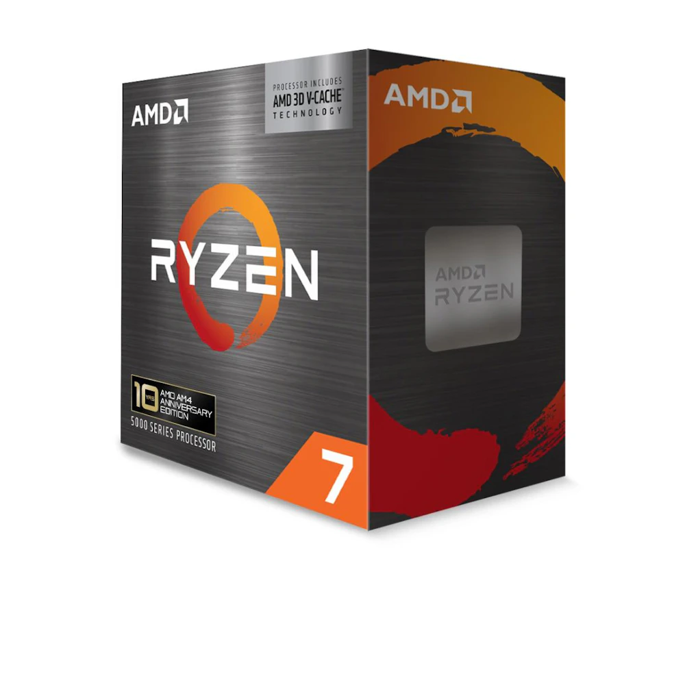 A large main feature product image of AMD Ryzen 7 5800X3D 8 Core 16 Thread Up to 4.5GHz AM4 - No HSF Retail Box - 10th Anniversary Edition