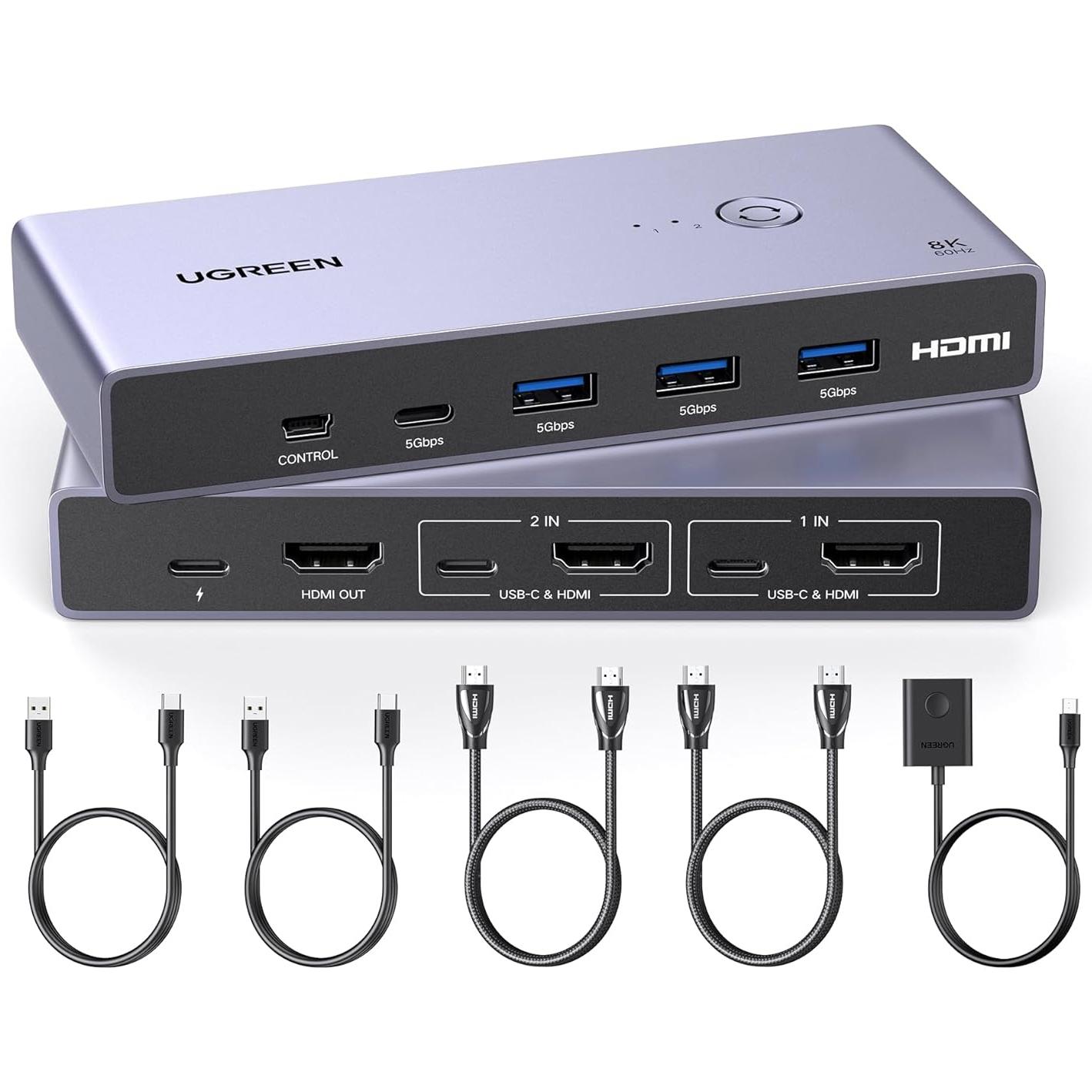A large main feature product image of UGREEN 8K@60Hz HDMI KVM Switch 2 In 1 Out 