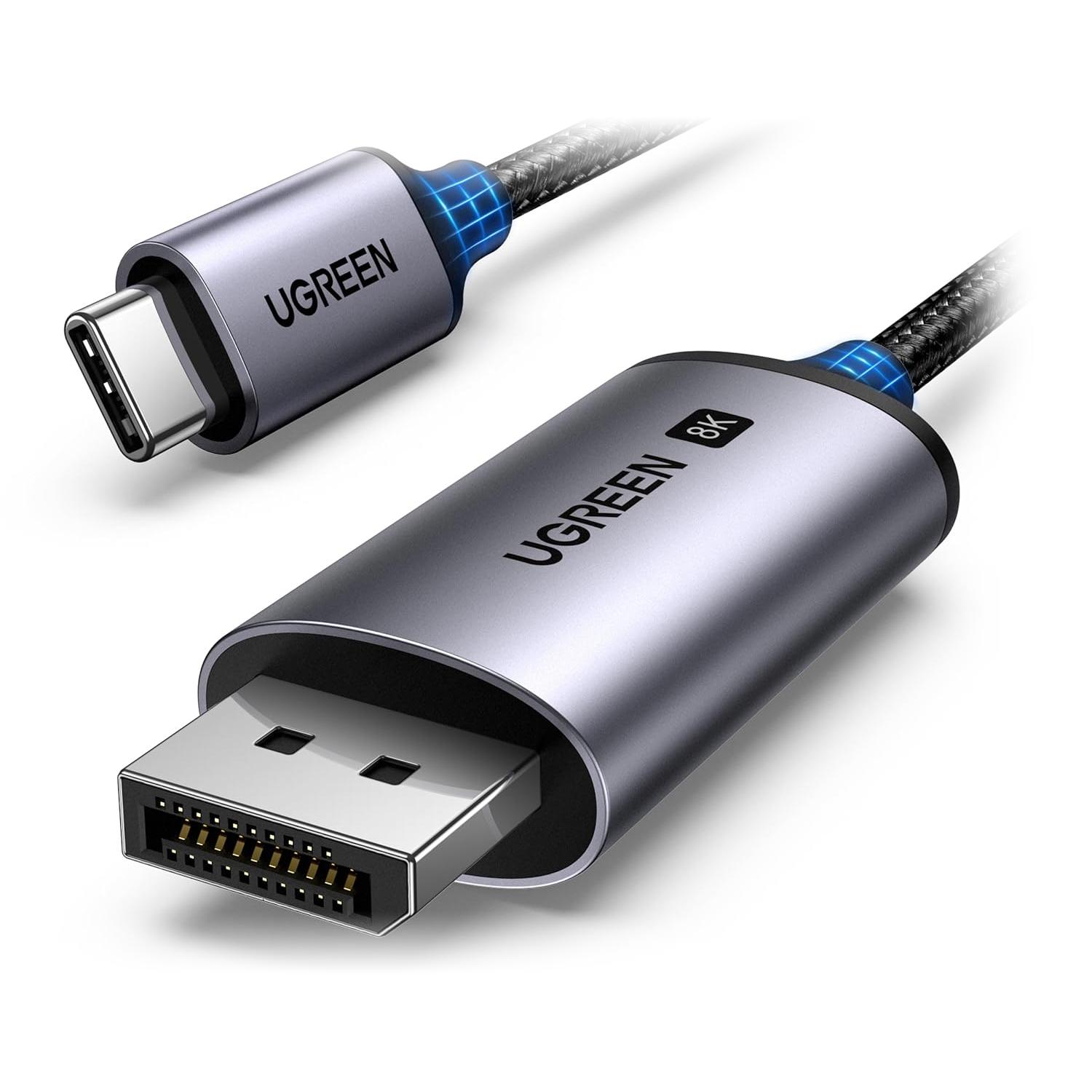 A large main feature product image of UGREEN USB-C to DisplayPort 8K Cable 3m