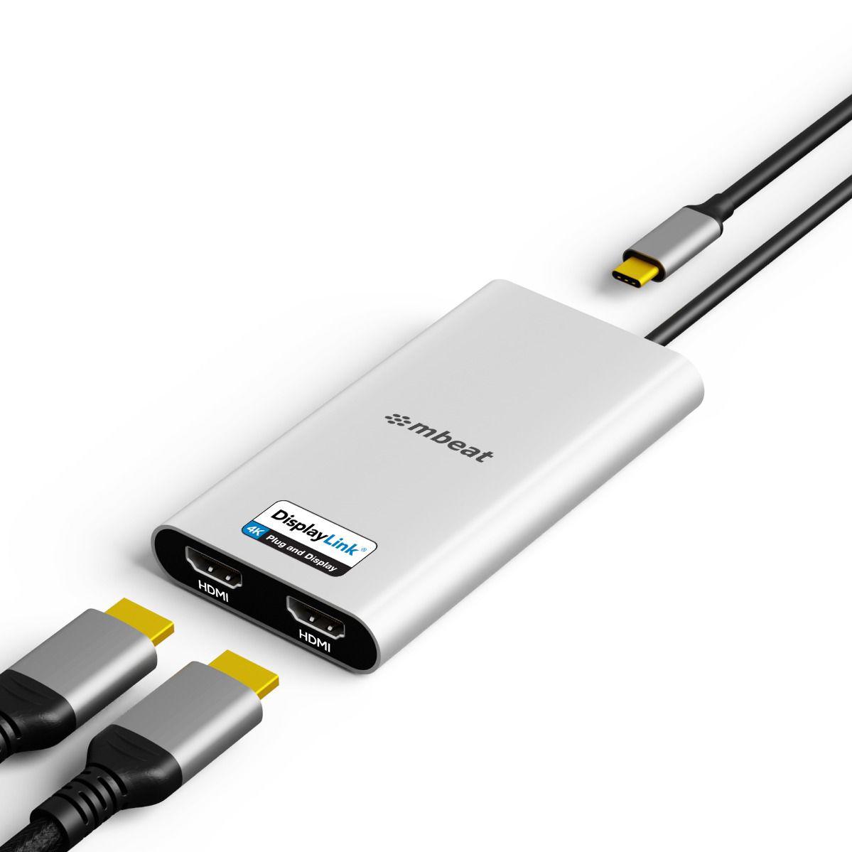A large main feature product image of mbeat USB-C Dual 4K HDMI DisplayLink® Adapter with PD Pass-through