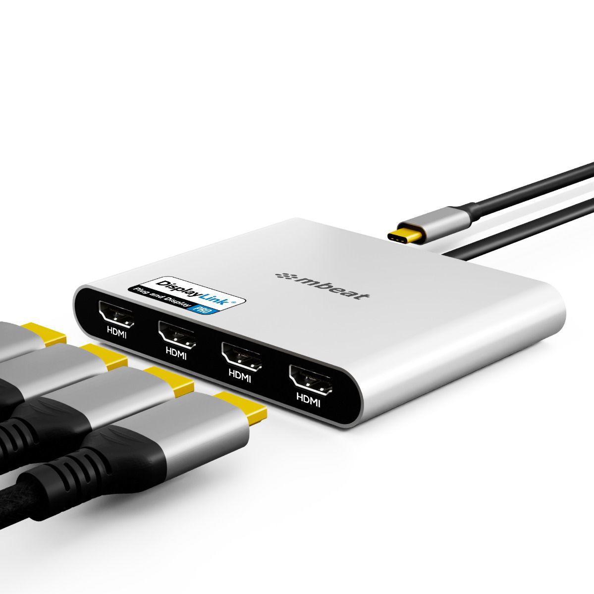 A large main feature product image of mbeat USB-C Quad 4K HDMI DisplayLink® Adapter with PD Pass-through
