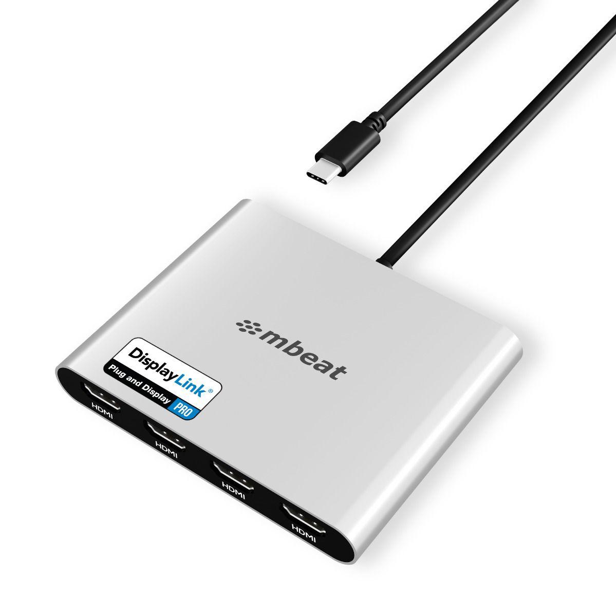 A large main feature product image of mbeat USB-C Quad 4K HDMI DisplayLink® Adapter with PD Pass-through